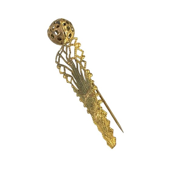 Art Deco Gold Tone Filigree Hat Pin Brooch With Ornate Design & Sphere Top - Picture 7 of 8